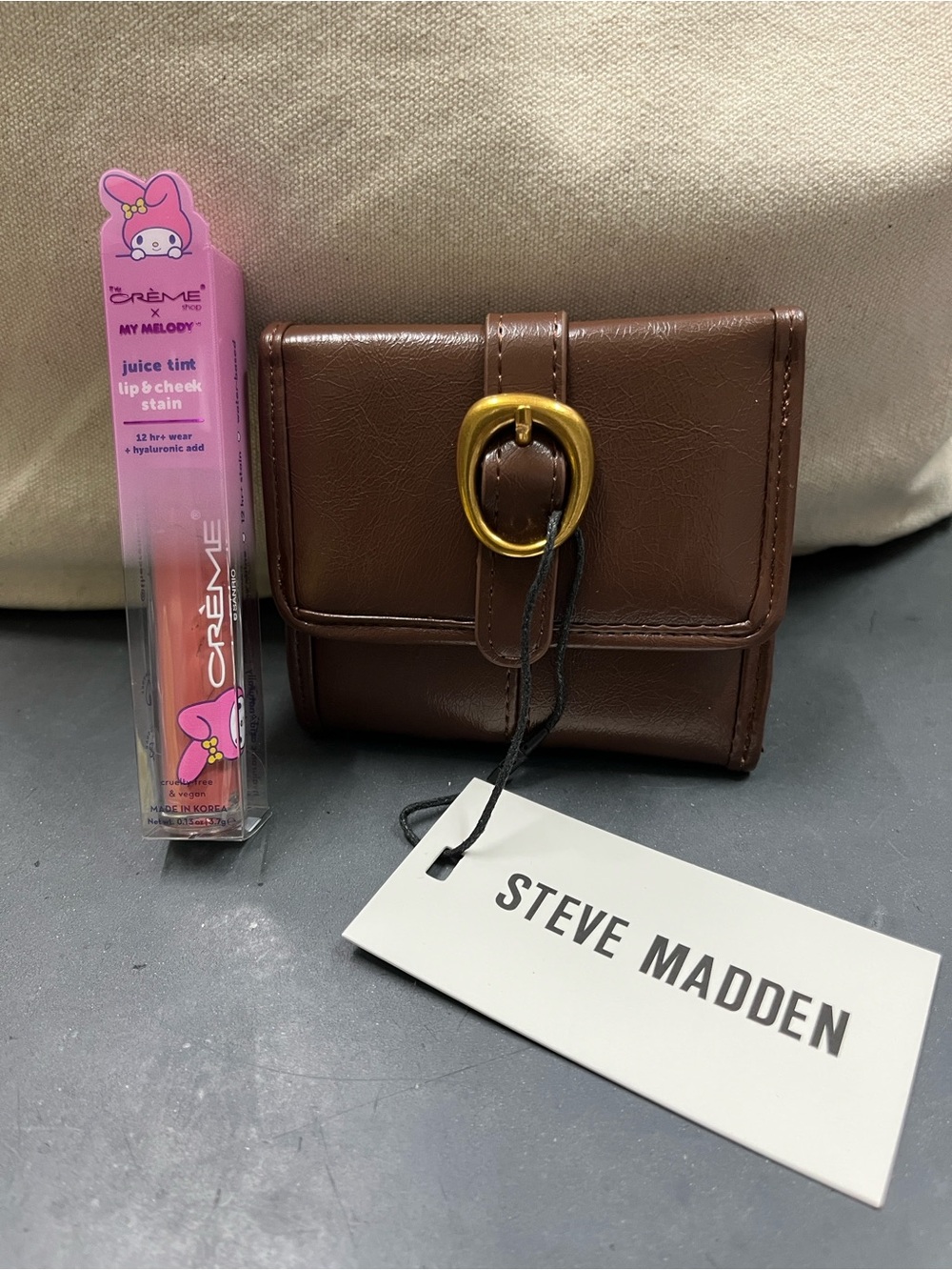 NWT Steve Madden Brown Faux Leather Mini Wallet w/Gold Buckle, NIB Crème Shop